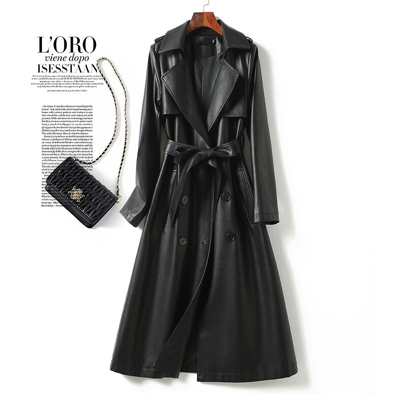 2023 Fashion Double-breasted Women's Real Sheepskin Trench Coats Chic Ladies Black Lapel Collar Belt Lambskin Trench Outwear