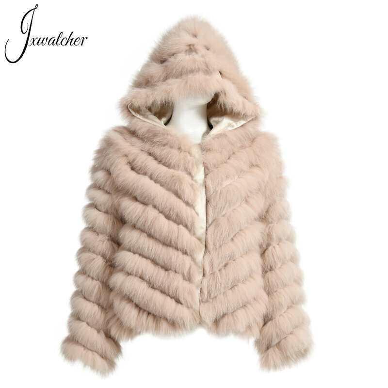 Jxwatcher Women Real Fox Fur Coat with 100% Silk Liner Smooth Autumn Winter Reversible Jacket Hooded Lady Luxury Fur Casaco