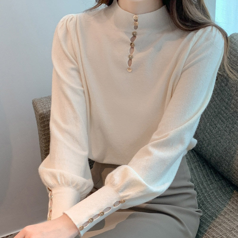 Autumn Winter Half High Collar Sweater Korean Fashion Women Travel Shopping High Quality Lantern Sleeves Knitted Shirt Top Black