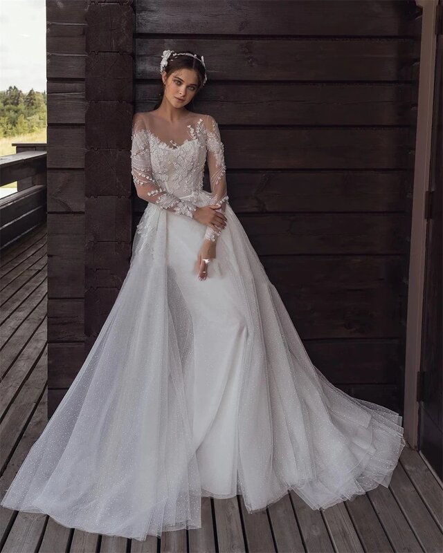 Eleganckie suknie ślubne dla kobiet tiulowe suknie ślubne koronkowe aplikacje pełne rękawy szaty na formalne przyjęcie 2024 Vestidos De Novia