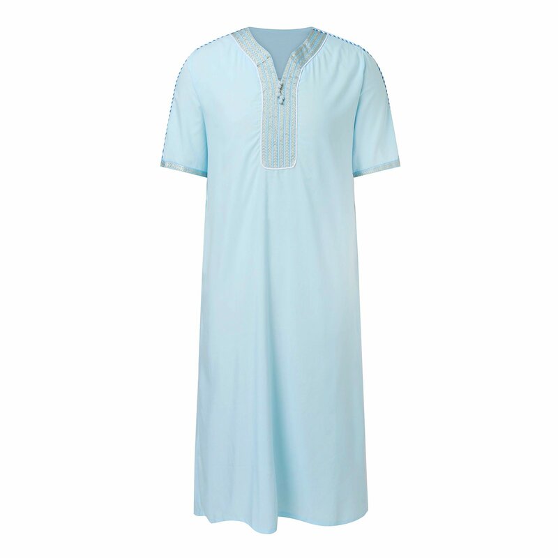 Thobe muçulmano manga longa para homens, bolsos laterais, bordado, abaya, kaftan vintage, robe sólido, Jabador Gandoura, verão, 2022