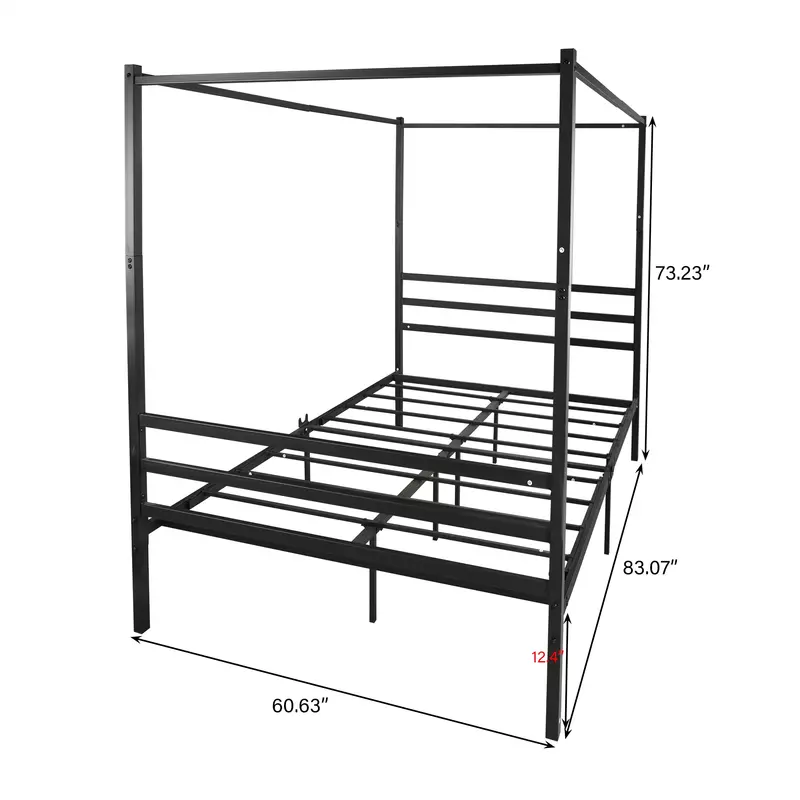Metalowe łóżko z baldachimem w rozmiarze queen-size z materacem z zagłówkiem Platforma Foundationt Rama łóżka Metalowa listwa Czarna [US-W]