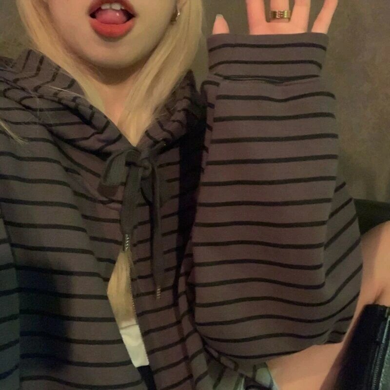 Herfst Lente Lange Mouwen Oversized Sweatshirt Harajuku Vintage Gestreepte Zip Up Hoodies Vrouwen Koreaanse Grunge Emo Alt Streetwear