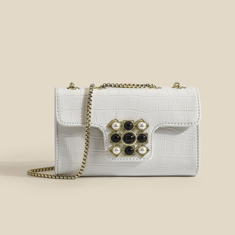 Versátil Stone Pattern Crossbody Bag para mulheres, bolsa branca, Clutche de nicho, corrente, estilo retro, temperamento, moda