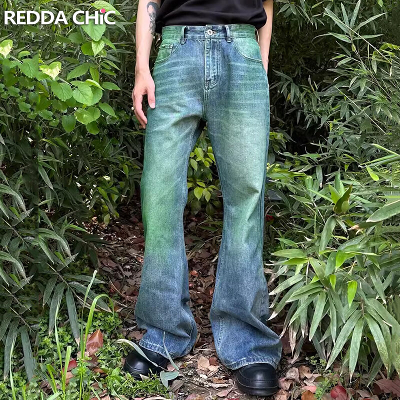 REDDACHIC Retro Green Wash Flare Jeans dla mężczyzn Clean Fit Whiskers Distressed Relaxed Bootcut Denim Pants Y2K Harajuku Streetwear