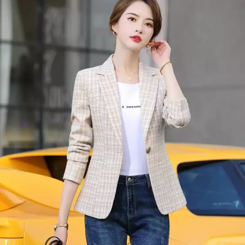 Frau rosa Aprikose Plaid Blazer Mode lässig schlanke Langarm Jacken weibliche Single Button Chic Blazer Mantel S-4XL