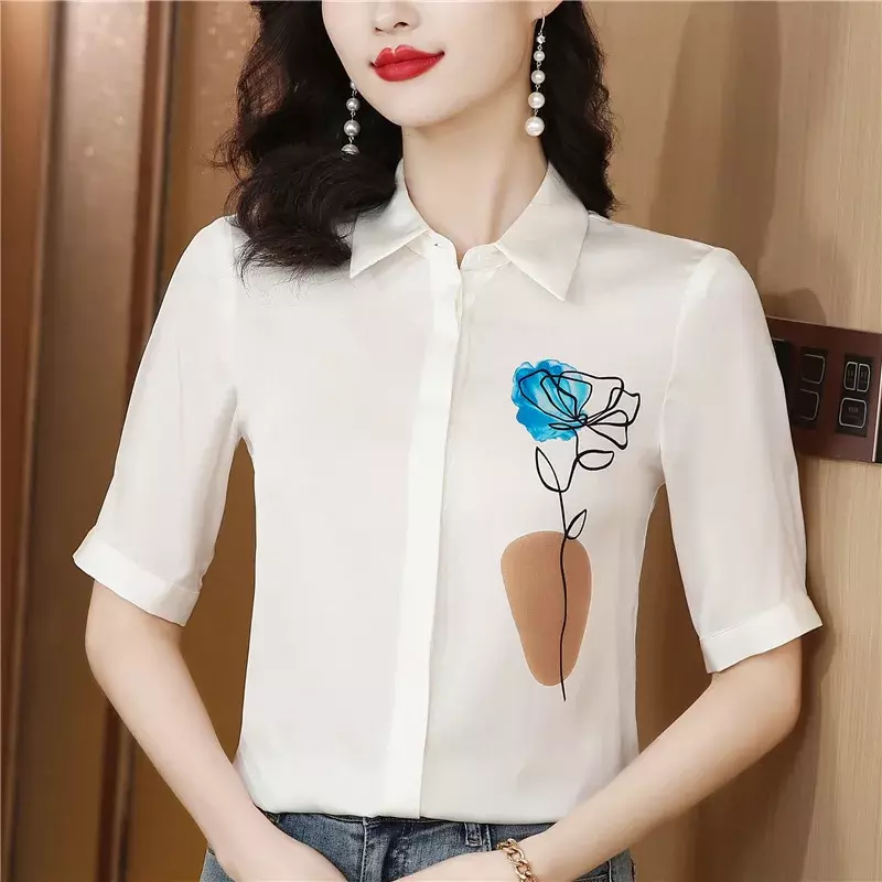 YCMYUNYAN-Camisa feminina de cetim vintage, blusas estampas de seda, manga curta, tops femininos soltos, roupas da moda com gola polo, verão