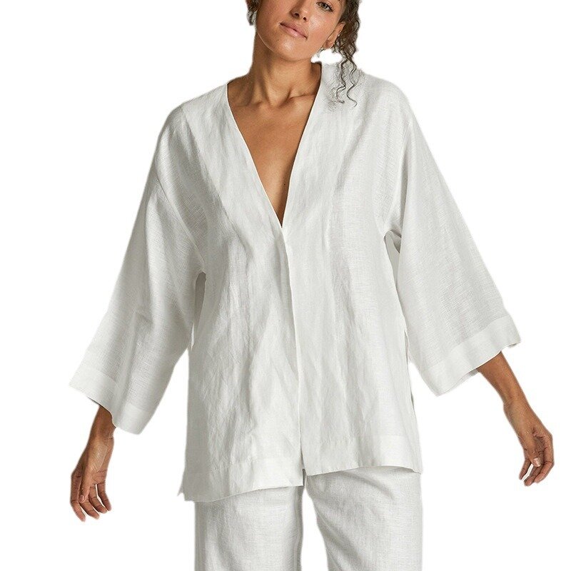 女性用コットンとリネンのパジャマ,セクシーなパジャマ,長袖,ナイトウェア,レースアップパンツ,カジュアル,2ピースセット