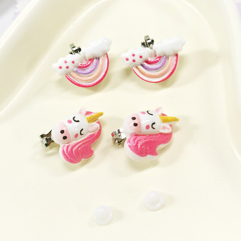 5PRS/SET Girls Children Non Piercing Kids Earrings Mixed Cute Unicorn Panda Cat Clip on Earring Christmas Gift