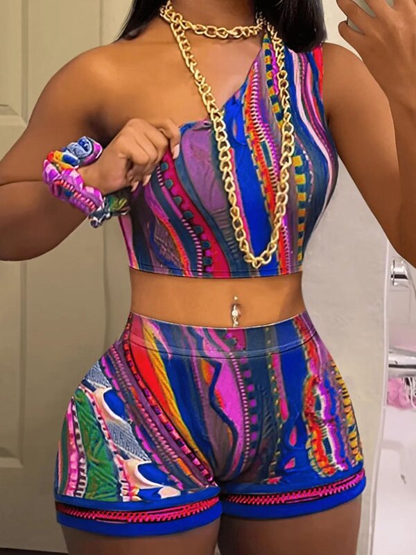 LW Multicolor Two Pieces Shorts Suits Mixed Print 2pcs One Shoulder Sleevelss Asymmetrical Neck Crop Top&Matching Shorts Set