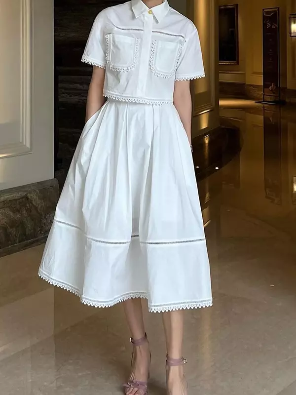 여성용 우아한 라펠 반팔 상의, 하이웨이스트 A 라인 플리츠 스커트, 단색 세트, 여름 드레스, 2024 신상