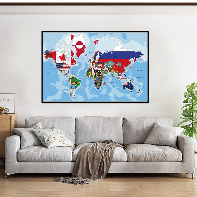 45*30cm The World Map with Country Flags Canvas Painting Wall Art Poster Prints School Teaching Supplies Living Room Home Decor