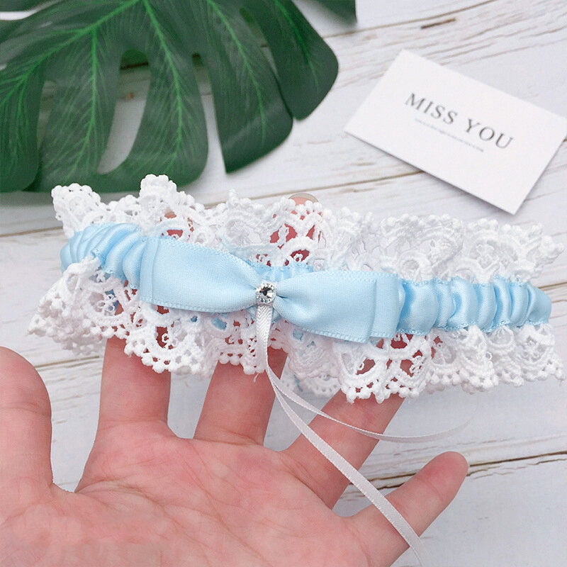 Blue Bridal Garter Elastic Bridal Garter Bridal Garter White Lace Thigh Ring Bow And Rhinestone Wedding Lace Garter