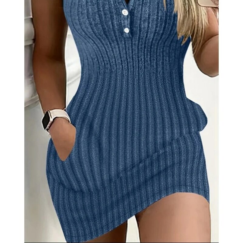 Women New In Mini Casual Dress Sexy Lady Sleeveless Short Elegant Buttoned Pocket Design Ribbed Bodycon Dress Summer Clothing