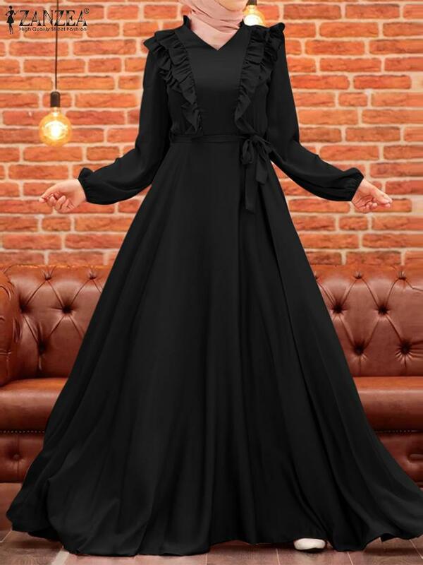 ZANZEA 우아한 이슬람 로브, 세련된 새틴 무슬림 드레스, 터키 아바야 프릴 선드레스, 가을