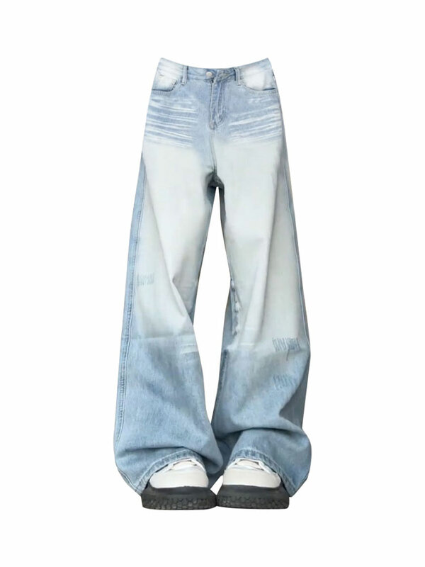 Damskie niebieskie luźne jeansy Y2k duża, w stylu Harajuku wysokiej talii spodnie jeansowe z lat 90. Estetyczne spodnie dżinsowe w stylu Vintage z lat 2000.