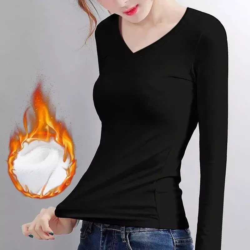 Velvet Women Top Temperature Bottoming Velvet Constant Autumn Thin Long-sleeved Winter Fiber Plus Shirt Thermal Heating T-shirt