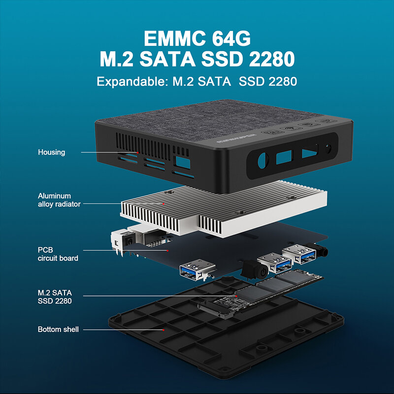 Мини-ПК MiniHyper HN4, процессор Intel Gemini Lake N4020C, 6 ГБ LPDDR4 64 Гб EMMC USB3.0 HDMI, аудиоразъем HP & MIC 3,5 мм RJ45 1000 м