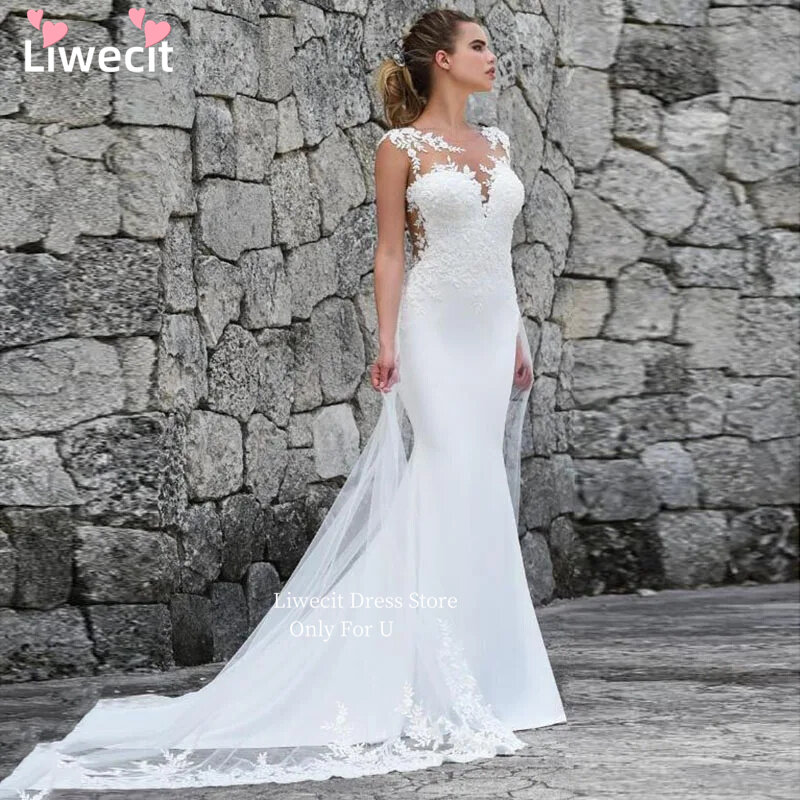 Кружевное свадебное платье-Русалка Liwecit с аппликацией, свадебные платья без рукавов, украшенные камнями, Тюлевое платье с длинным шлейфом для невесты, свадебные платья