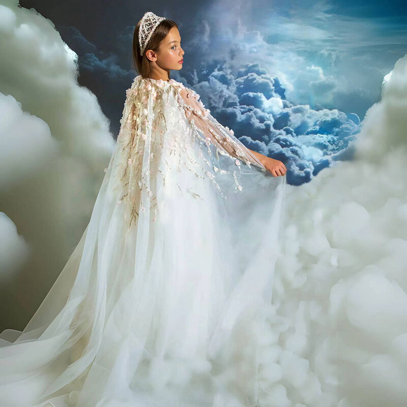 Jill Wish-vestido floral branco árabe para meninas, vestido de princesa 3D com capa, aniversário infantil, festa de comunhão, luxo, Dubai, casamento, 2024, J307