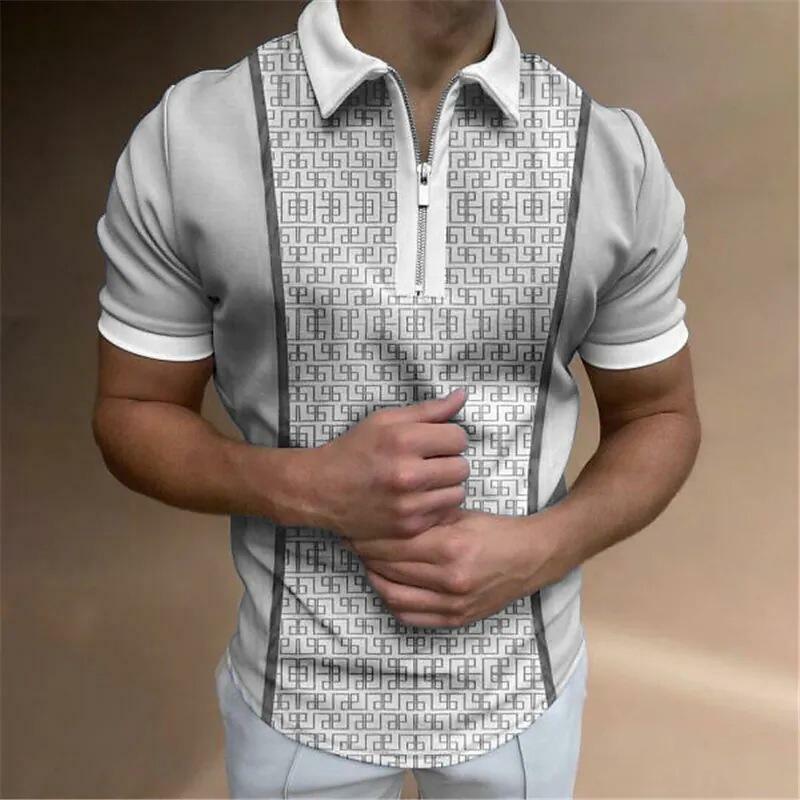 Moda lato męskie koszulki Polo Color block wzór druku na co dzień męskie koszulki z krótkim rękawem skręcić w dół kołnierz T-shirt z zamkiem błyskawicznym