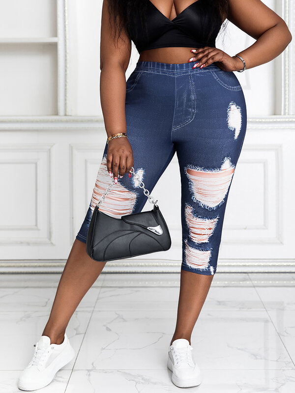 Женские Брюки-Капри размера плюс из искусственной джинсовой ткани с эффектом потертости, высокая эластичность, удобная трикотажная ткань средней длины