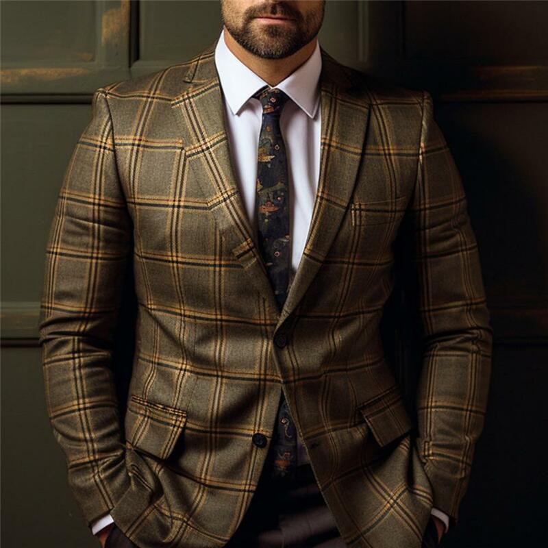 Men Casual Suit Jacket Plaid Print Men's Slim Fit Suit Coat Formal Business Style Single Button Closure Mid Length for Work