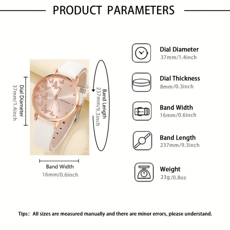 Relógio de quartzo redondo branco com pulseira de couro PU, ponteiro liga de zinco, pulseira, colar, brincos, jóias, 5 pcs