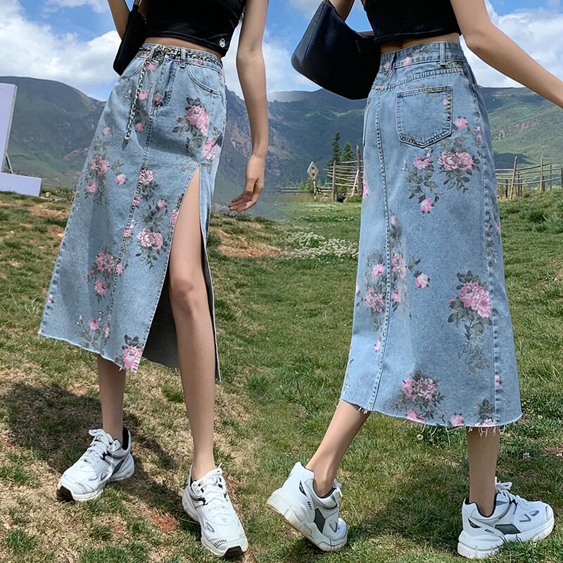 Split Printed Denim Skirt Women Summer New High Waist A-line Hip Wrap Skirt Loose and Versatile Medium Length Skirt