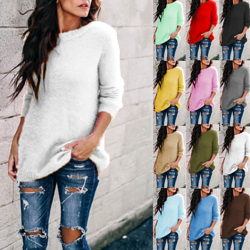 2023 Female Autumn New Plush Pullover Top Long Sleeve Women O-Neck Solid Color Casual Splice Loose Comfortable Jumper
