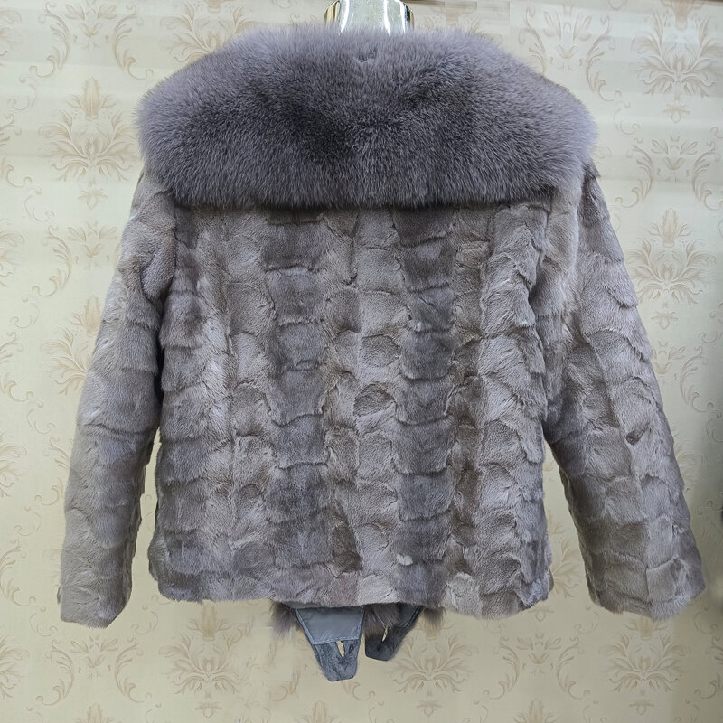 Abrigo corto de visón real para mujer, abrigo de piel de zorro con cuello de piel natural, a la moda, material de piel de visón empalmado, 100%