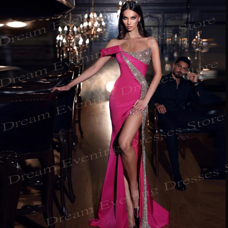 New Shiny Mermaid Sexy Evening Dresses Pretty Sleeveless Satin Sequined Prom Gowns Charming Side High Split Abend Kleid Luxus