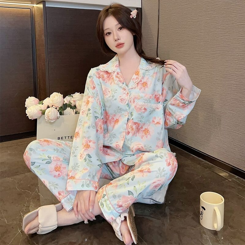 Kardigan lengan panjang wanita, dua potong pakaian rumah kasual ukuran besar 2024, kardigan piyama gaya Korea musim semi musim gugur