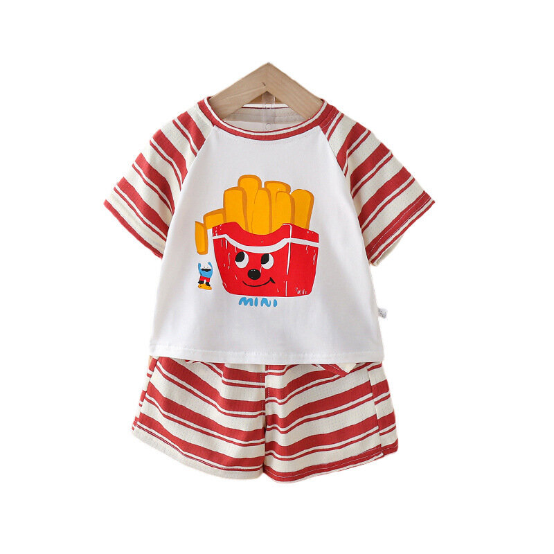 Summer Korean Infant Boys 2PCS Clothes Set Raglan Short Sleeve French Fries Print Tops Striped Shorts Suit Newborn Boys Outfits