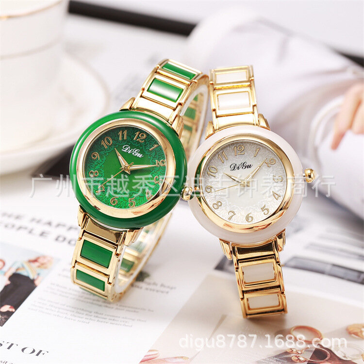 Novo Simples, Clássico, Elegante Imitação Relógio Jade e Jade Relógio Feminino Marca Doméstica Relógio De Quartzo Brilho De Ouro Pulseira