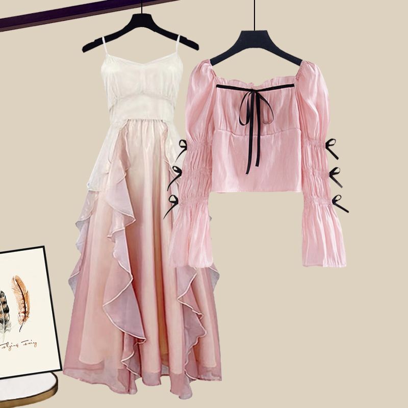 Новинка весна-осень 2023 модный элегантный топ и облегающее платье в Корейском стиле комплект из двух предметов для женщин