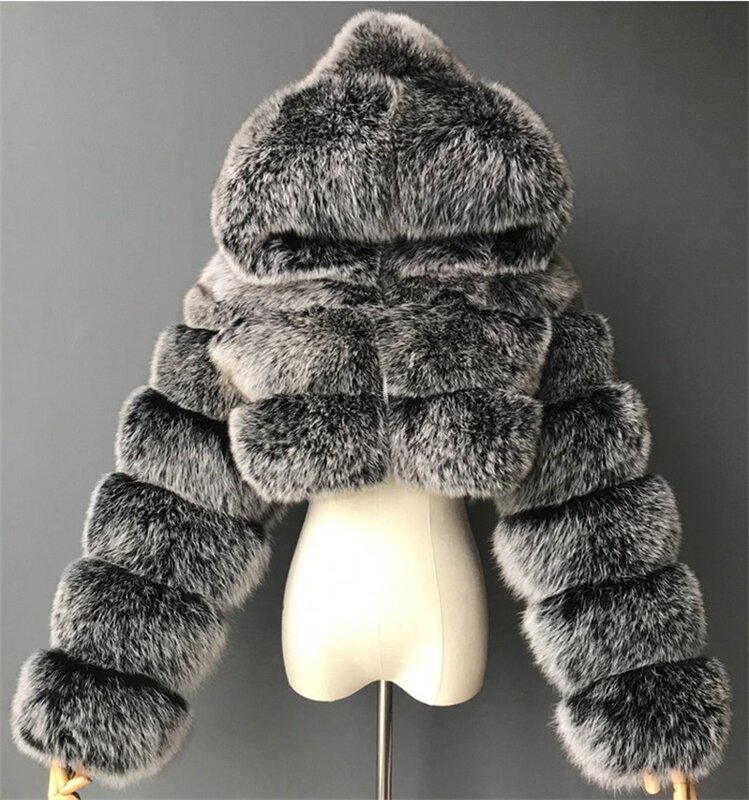 Jaket bulu pendek ukuran besar musim dingin dengan berbagai warna dengan topi, bulu rubah palsu sambungan mewah lengan panjang
