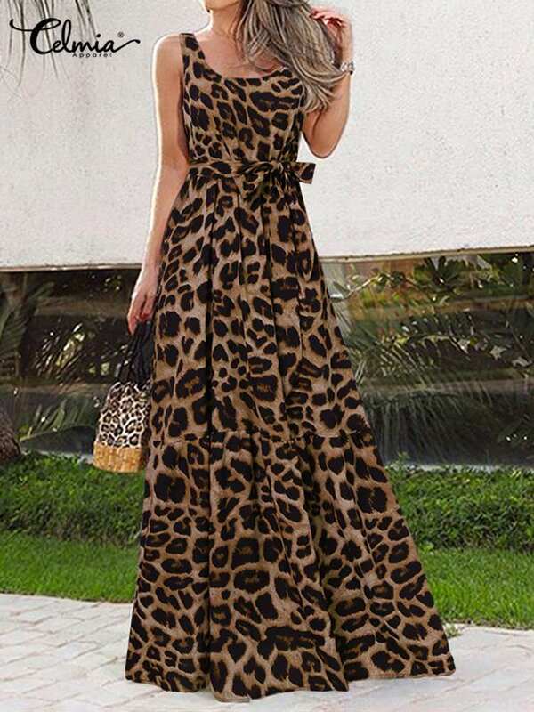 Summer Women Dress 2023 Elegant Party Sleeveless Maxi Dress Celmia Sexy Bohemian Leopard Print Vestidos Casual Swing Sundress