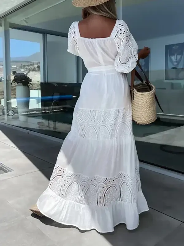 2024 Summer Women Lace Patchwork Loose Casual Beach Dress Female Elegant Retro Square Neck Tie-Up Ruched Long Dress Ladies OFE09