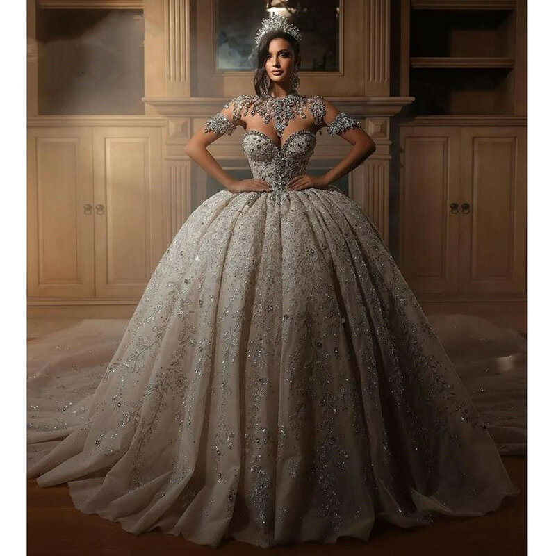 Luxus träger lose Diamanten Kristall Dubai Hochzeits kleid Ballkleid Schatz ärmellose Perlen Saudi-Arabisch Brautkleid Vestidos