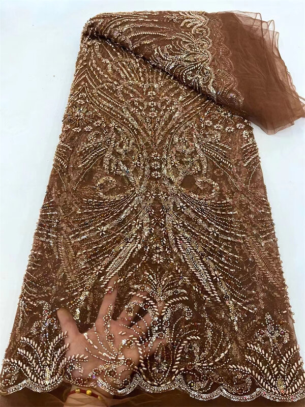 African Lace Fabric with Pearls and 3D Sequins, High Quality, Mesh Embroidery, Lace Fabric, Luxury for Wedding, Evening Dress