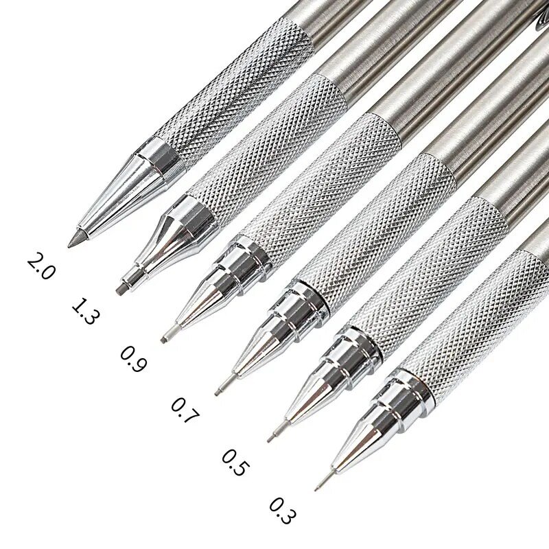 Full Metal conjunto de lápis mecânico, desenho automático e pintura com leads, escritório e fonte escolar, 0.3mm, 0.5mm, 0.7mm, 0.9mm, 1.3mm, 2.0mm