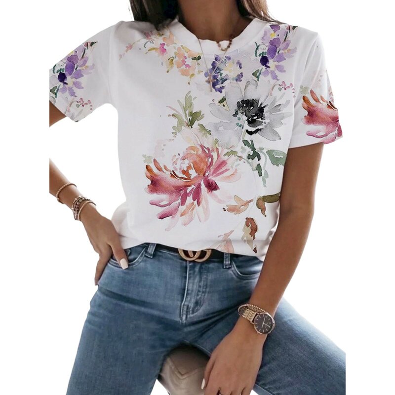 Blusa casual com estampa floral feminina, blusa vintage com gola redonda, mangas curtas, pulôveres únicos, verão, blusas femininas