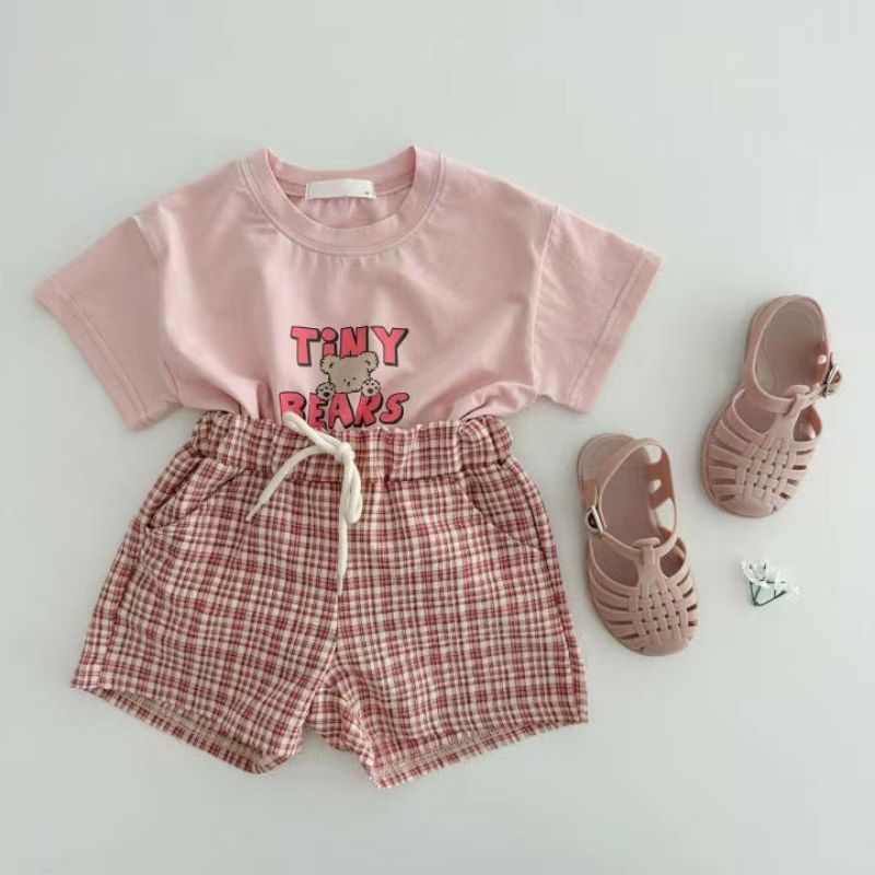 Summer Baby Boy Girl Set Cute Bear Letter Print Short Sleeve T-shirt + Plaid Print Shorts Infant Casual Thin Cotton Suit E73748
