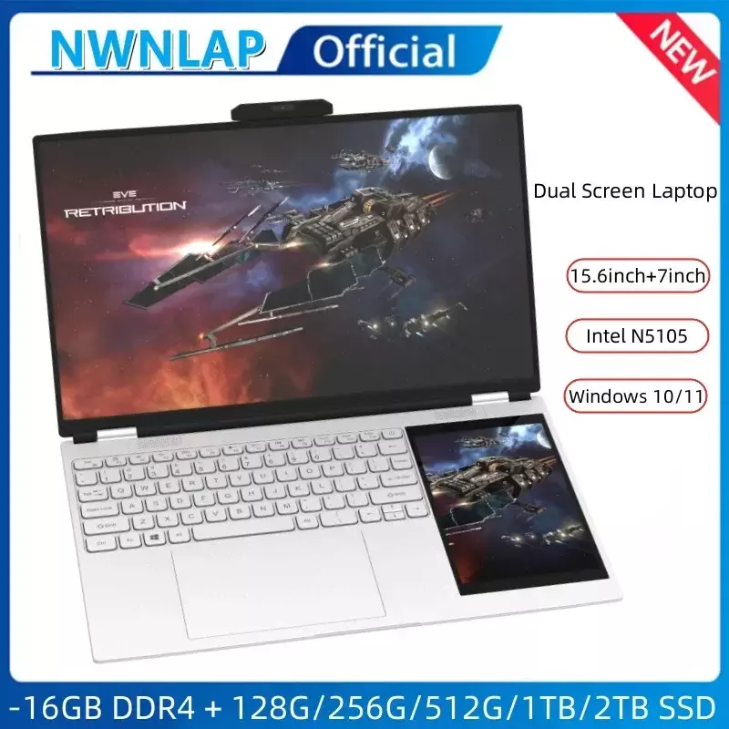 Nowość Dual Screen Laptop INTEL N5105 N95 16G DDR4 - 1TB SSD 15.6 "IPS 2K Screen + 7" dotykowy przenośny notatnik LCD