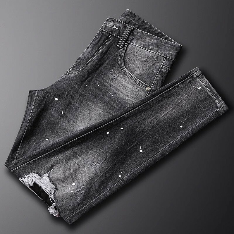 High Street Fashion Men Jeans Retro Black Gray Elastic Slim Fit Ripped Jeans Men Printed Designer Hip Hop Patched Denim Pants
