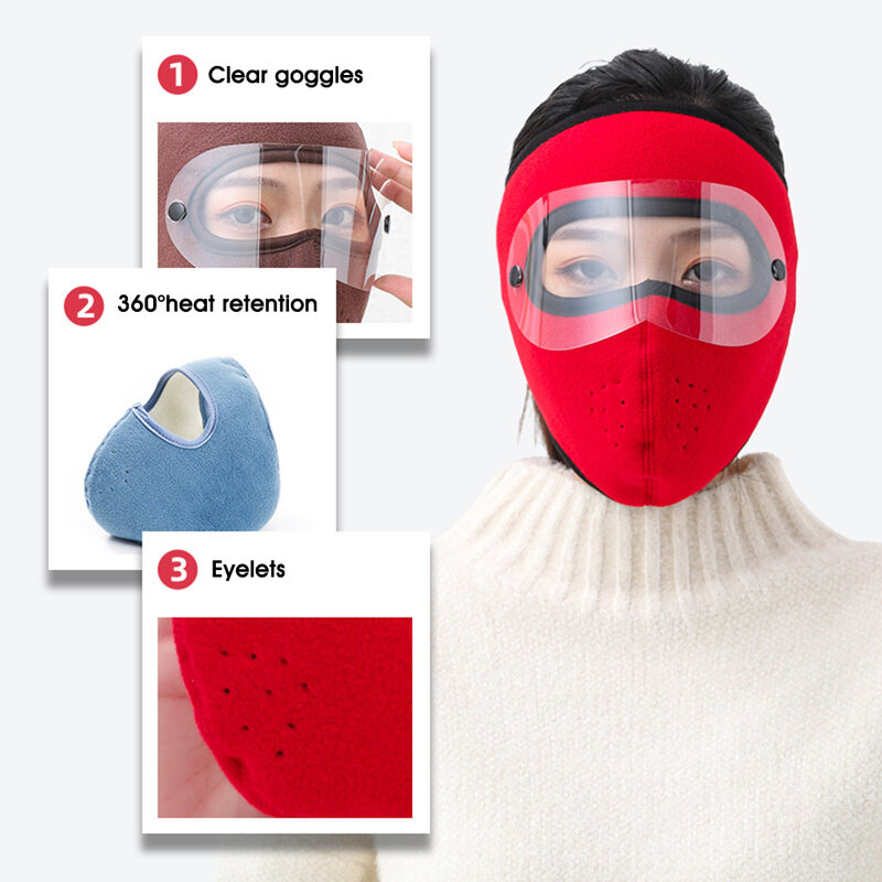 Unisex kominiarka jesienno-zimowa osłona na twarz z przezroczystymi goglami wiatroszczelne podszyty polarem pokrywa dla mężczyzn kobiety 360 ° maska pełnozakresowa
