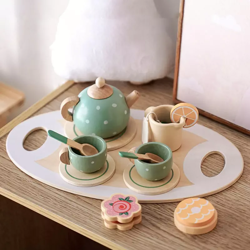 Tea Party Tableware Wooden Handiccraft Toy Kitchen Pretend Play Set for Toddlers Kids Birthday Gift Favors  Toys