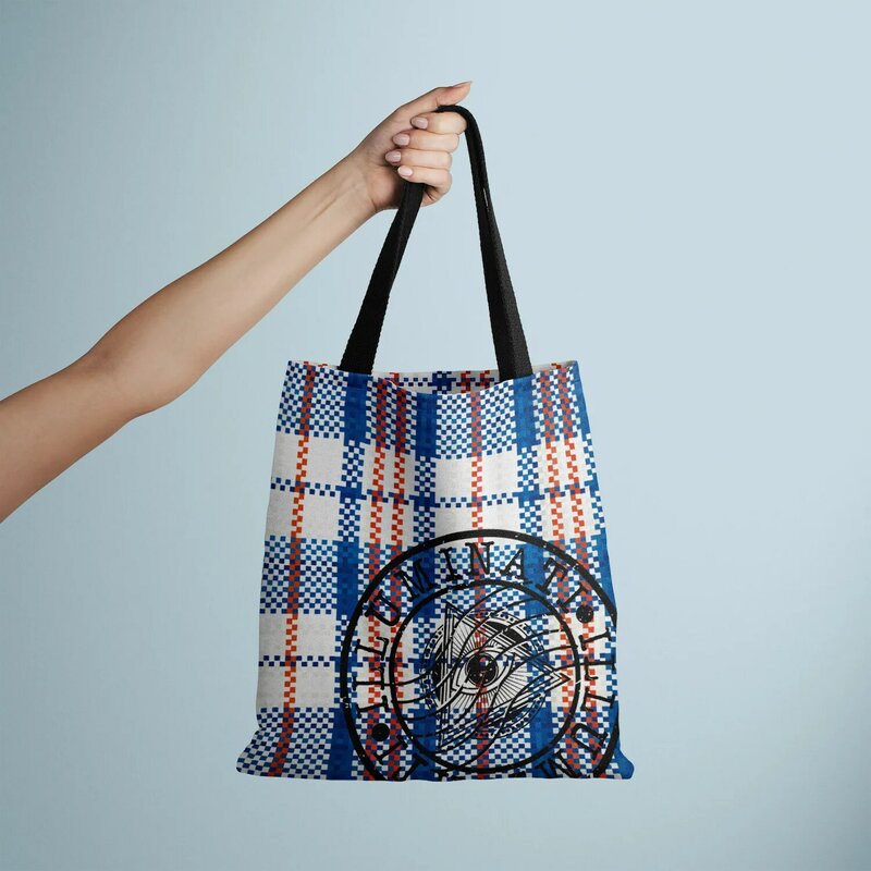 Retro Vintage Polyester Canvas Ecofriendly Shopping Bag Red Blue Plaid French Style Seal Print Black Strap Womens Tote Wholesale