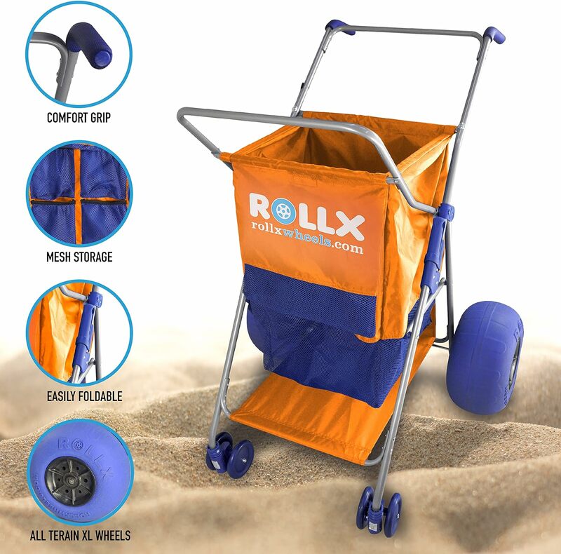 RollX Beach Cart with Big Balloon Wheels for Sand, Foldable Storage Wagon with 13 Inch Beach Tires (Pump Included) (Orange)